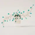Peigne à cheveux fait main en fil doré avec perles vert émeraude et feuilles en cristal - Style Branche Étendue Dorée (HS-J6646G)