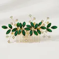 Pettine per capelli dorato da sposa con strass verdi marquise e dettagli a foglia - Stile Grappolo di Fiori in Filo d'Oro (HS-J6936GGREEN)
