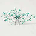 Pettine per capelli argento fatto a mano con cristalli verde smeraldo e foglie - Stile Cristallo Radiale (HS-J6472)