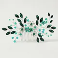 Pettine per capelli con cristalli verdi e fiori bianchi per acconciature eleganti - Stile Vite di Perle (HS-J6869SGREEN)