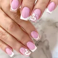 Pink and purple gradient press-on nails with white French tips and glitter hearts - Black Jelly Glue Style (CW41)