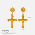 Gold stainless steel cross earrings with starburst design and white pearl inlay - Gold Sun Cross Pearl Drop Earrings