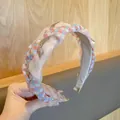 Serre-tête tressé à carreaux orange et bleu avec organza rose et chaînes strass - Tresse en maille bleu rose