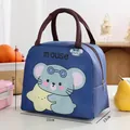 Navy blue mouse pattern lunch bag with brown handles and thermal insulation lining - Blue Mouse Tongle