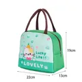 Insulated green lunch bag with cartoon cat design and size details 22x13x19cm - Green Cat Lucky