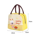 Insulated yellow puppy cartoon lunch bag with Lucky Day print and brown handles - Yellow Puppy Lucky