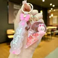 Pink glowing donut liquid sand keychain with cute rabbit figure and Fairy Tales strap - Pink Airplane Fabric With Bow Tie [ice Cream]