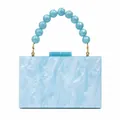 Front view of light blue marble acrylic evening bag with beaded handle and gold hardware - Sky Blue