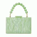 Detail of green marble acrylic evening bag with frosted bead wrist handle and gold clasp - Light Green