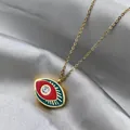 Detail of gold evil eye pendant with red and green enamel and sparkling zircon - Red Green Contrast (ADD-202G-4)
