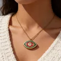 Chic gold-tone Evil Eye pendant necklace with red and green enamel for women - Red Green Variant 2 (ADD-202G-6)
