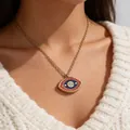 Detailed close-up of a vintage evil eye necklace featuring blue enamel and gold finish - Red Yellow Blue Contrast (ADD-202G-11) / 0.0