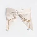Elegant champagne satin bow hair clip with gold chains and hanging white pearls - Creamy White Pearl Tassel