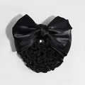Elegant black satin bow hair net clip for professional flight attendant hairstyle - Black Hair Net