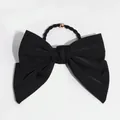Classic black satin bow hair clip with golden bead detail for elegant hairstyles - Black Large Bow Hair Tie
