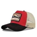 Mesh trucker hat in red and beige with mountain sun embroidery and black brim - Adjustable / Black Red with Beige Mesh