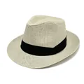 Beige paper straw fedora hat with black band featuring a tropical coconut tree print - M / Beige (Ribbon Style)