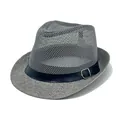 Men's dark gray straw sun hat with mesh top and black leather band decoration - M / Grey (Mesh Belt Style)