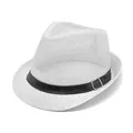 White woven paper straw fedora hat with black leatherette belt and silver buckle - M / White (Mesh Belt Style)