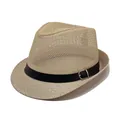 Khaki men's fedora straw hat with breathable mesh and black belt with silver buckle - M / Khaki (Mesh Belt Style)