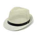 Beige straw fedora hat for summer with black leather band and silver metal buckle - M / Beige (Mesh Belt Style)