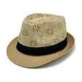 Men's straw fedora sun hat featuring star pattern weave and black grosgrain ribbon - M / Light Khaki (Diamond Snowflake Style)