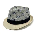 Men's fedora straw hat with snowflake pattern weave and black decorative ribbon - M / Beige (Diamond Snowflake Style)