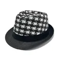 Straw fedora hat featuring classic black and white houndstooth pattern with black brim - M / Black (Color Block Grid Style)