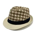 Men's straw fedora featuring brown houndstooth weave and black grosgrain band - M / Beige (Color Block Grid Style)