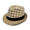 Straw fedora hat in khaki and white with houndstooth pattern and black ribbon - M / Light Khaki (Color Block Grid Style)