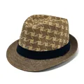 Brown woven paper straw fedora hat with geometric pattern and black ribbon band - M / Dark Khaki (Color Block Grid Style)
