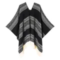 Detail of western style poncho showing grey geometric weaving and white fringe trim - 130x150cm / Spliced Square Pullover Tassel (Black Grey)