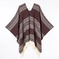 Detail of western style knit poncho with geometric patterns and white fringe trim - 130x150cm / Spliced Square Pullover Tassel (Coffee)
