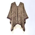 Women's Western cowboy poncho with brown leopard animal print and white tassels - 130x150cm / Pullover Leopard Tassel Coffee