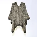 Olive and camel western poncho with leopard and snake skin print and white tassels - 130x150cm / Pullover Leopard Tassel Green