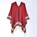 Deep red knit poncho for women with V-neck, grey stripes and long cream tassels - 130x150cm / Border Stripe Pullover Tassel Red