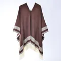 Dark brown knit poncho featuring V-neck design, white fringe, and striped patterns - 130x150cm / Border Stripe Pullover Tassel Coffee