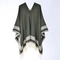 Western style dark green knitted poncho with grey stripes and white fringe tassels - 130x150cm / Border Stripe Pullover Tassel Green