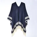 Navy blue western style knit poncho with striped patterns and cream beige tassels - 130x150cm / Border Stripe Pullover Tassel Navy Blue