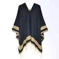 Western style knitted poncho in black and khaki stripe with white tassel hem - 130x150cm / Border Stripe Pullover Tassel Black Camel