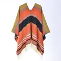 Western style knitted poncho in vibrant orange with geometric patterns and fringe - 130x150cm / Colorful Stripe Pullover Tassel Orange