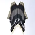 Western style knitted poncho with grey and khaki stripes, geometric patterns and fringe - 130x150cm / Colorful Stripe Pullover Tassel Black Khaki