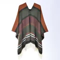 Western style knitted poncho wrap with geometric patterns and ivory fringe trim - 130x150cm / Colorful Stripe Pullover Tassel Green Orange