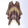 Brown Western style knit poncho with geometric V-stripes and long fringe details - 130x150cm / Colorful Stripe Pullover Tassel Coffee