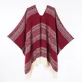 Bohemian style wine red knitted poncho with geometric patterns and fringe trim - 130x150cm / Spliced Square Pullover Tassel (Red)