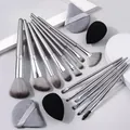 Professional 14-piece makeup brush set with gray silver handles and beauty blenders - Makeup Brushes Puffs And Sponges Set (Silver Grey)