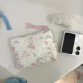 Quilted white cotton pouch featuring pink rabbits and floral prints with zipper - Little Lamb & Bow
