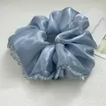 Elegant misty blue organza scrunchie with crystal beads for chic hair styling - Mesh Large Blue