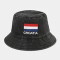Washed dark grey bucket hat featuring Croatia flag embroidery and metal eyelets - One Size / Croatia Flag Black