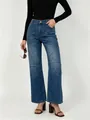 Jean femme taille haute coupe droite bleu avec coutures diagonales en patchwork - S / Bleu foncé